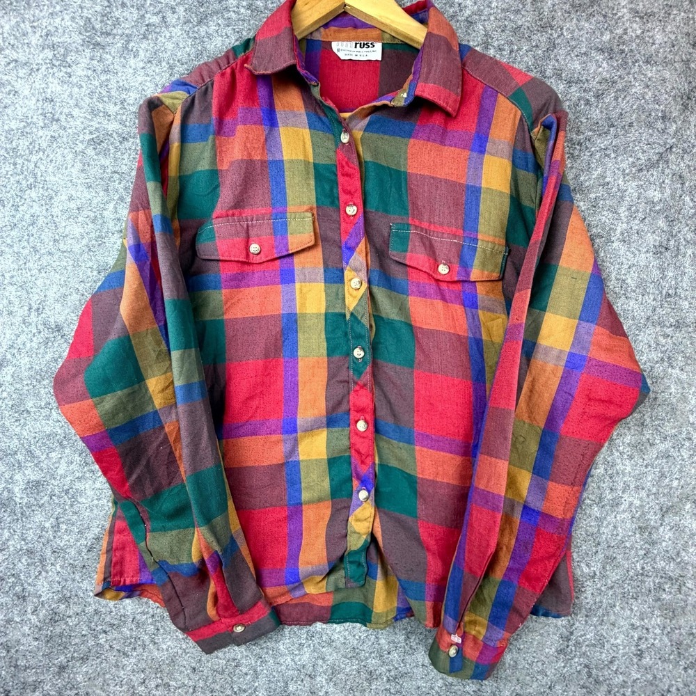 Vintage Russ Flannel Shirt Womens Large Bright Plaid Long Sleeve Button Up